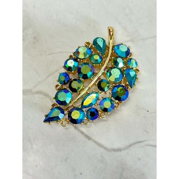 Vintage Lisnore Blue AB Iridescent Leaf Brooch Gold Rhodium Signed - Picture 2 of 8